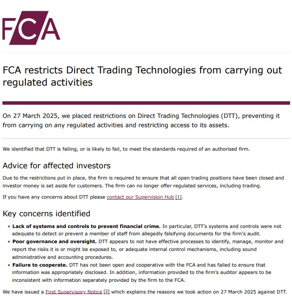 FCA 禁止 CFD 经纪商 Direct Trading Technologies，因审计记录“伪造”_激石外汇官网